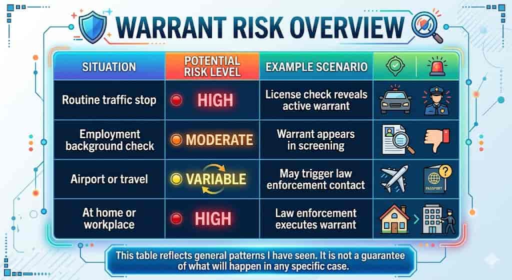 Warrant Risk Overview

SituationPotential Risk LevelExample ScenarioRoutine traffic stopHighLicense check reveals active warrantEmployment background checkModerateWarrant appears in screeningAirport or travelVariableMay trigger law enforcement contactAt home or workplaceHighLaw enforcement executes warrant